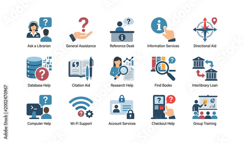 Library service icons representing assistance and information in grid