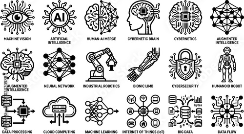 Set of Artificial Intelligence and Modern Technology Line Icons.