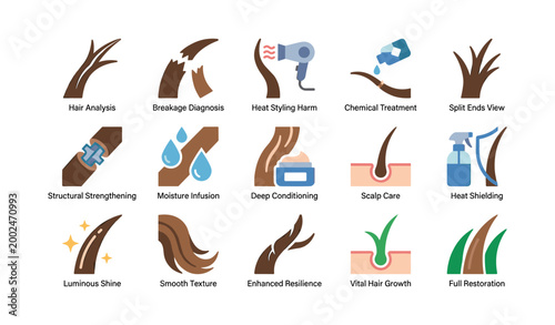 Hair care and scalp treatment icons arranged on white grid