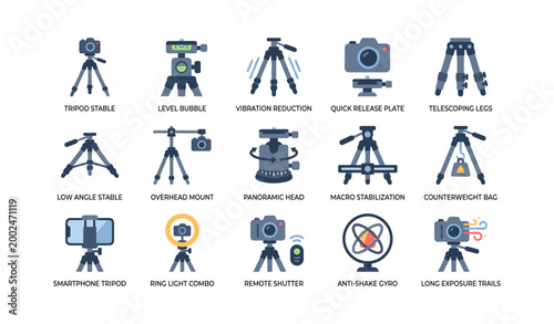 Tripod and camera support icons arranged in grid on white background