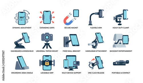 Phone mount feature icons displayed in grid on white background