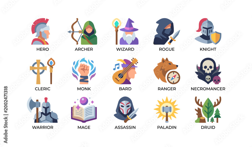 Fototapeta premium Fantasy character class icons displayed on white background