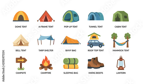 Camping gear and tent types arranged on white background