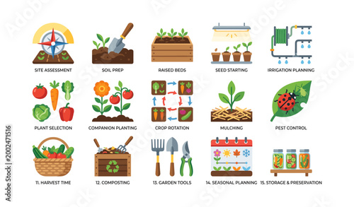 Gardening and cultivation icons arranged on white background