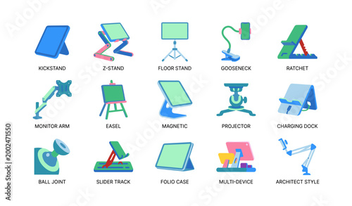 Tablet and device stands icons arranged on white background