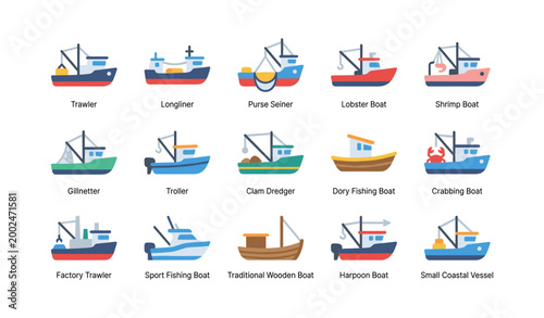 Fishing boat icons showing various commercial vessel types