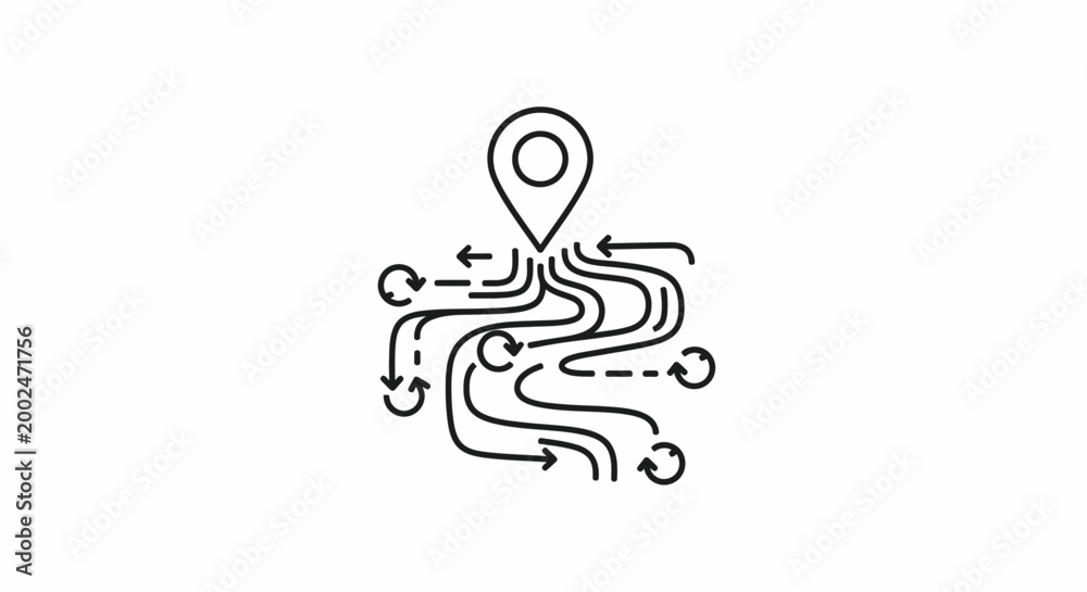 Fototapeta premium Navigation path with a map pin and arrows showing multiple directions.
