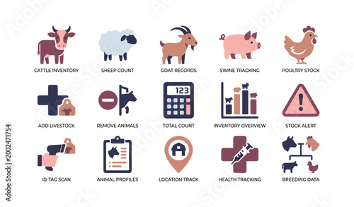 Livestock management icons showing animals and tracking tools on white