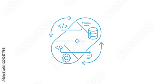 Software development and data flow cycle illustration on white background.