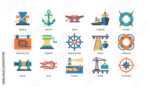 Nautical and mooring icons arranged on white background