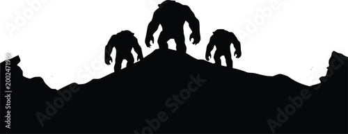 Bigfoot Silhouette on Mountain, Sasquatch, Cryptid, Black and White Illustration