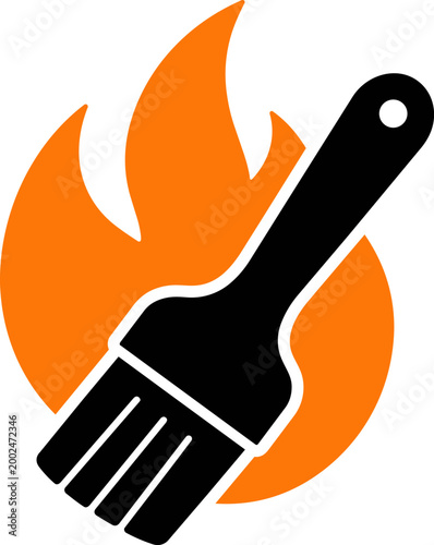 Foto bbq basting brush icon in black and orange minimalist style with flames, isolated on white background