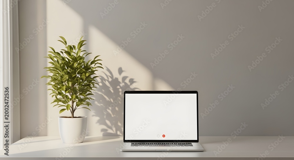 Fototapeta premium Laptop featuring a blank screen sits on a minimalist desk next to a green plant to provide a clean space for digital product mockups.