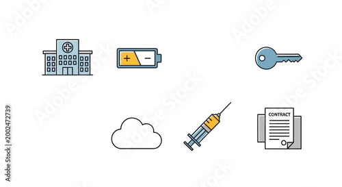 Set of flat icons for hospital, battery, key, cloud, syringe, contract