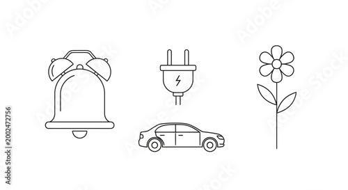 Collection of various outline icons including an alarm clock, electric plug, car, and flower.