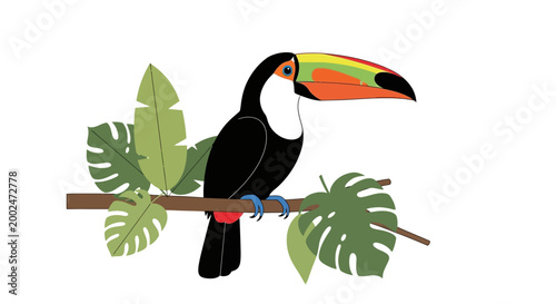 Vibrant Toucan Perched on a Branch with Lush Green Tropical Leaves.