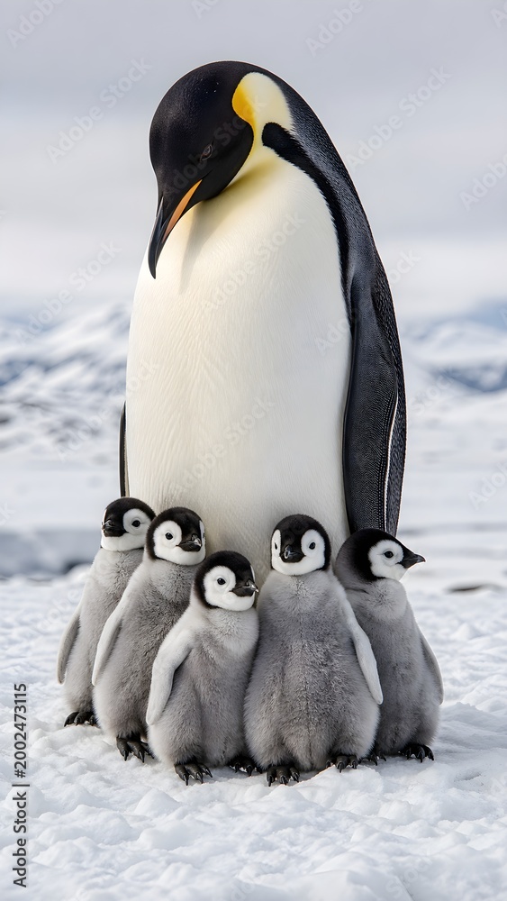 Obraz premium Photorealistic Emperor Penguin Parent and Baby Chicks in Cold Antarctic Landscape