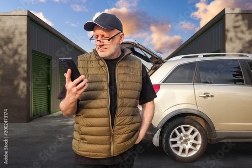 Man uses smartphone near ca...