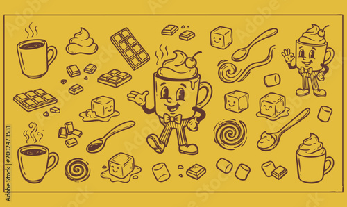 Vintage 1930s Rubber Hose Style Hot Chocolate Character and Sweet Cocoa Ingredient Doodle Set