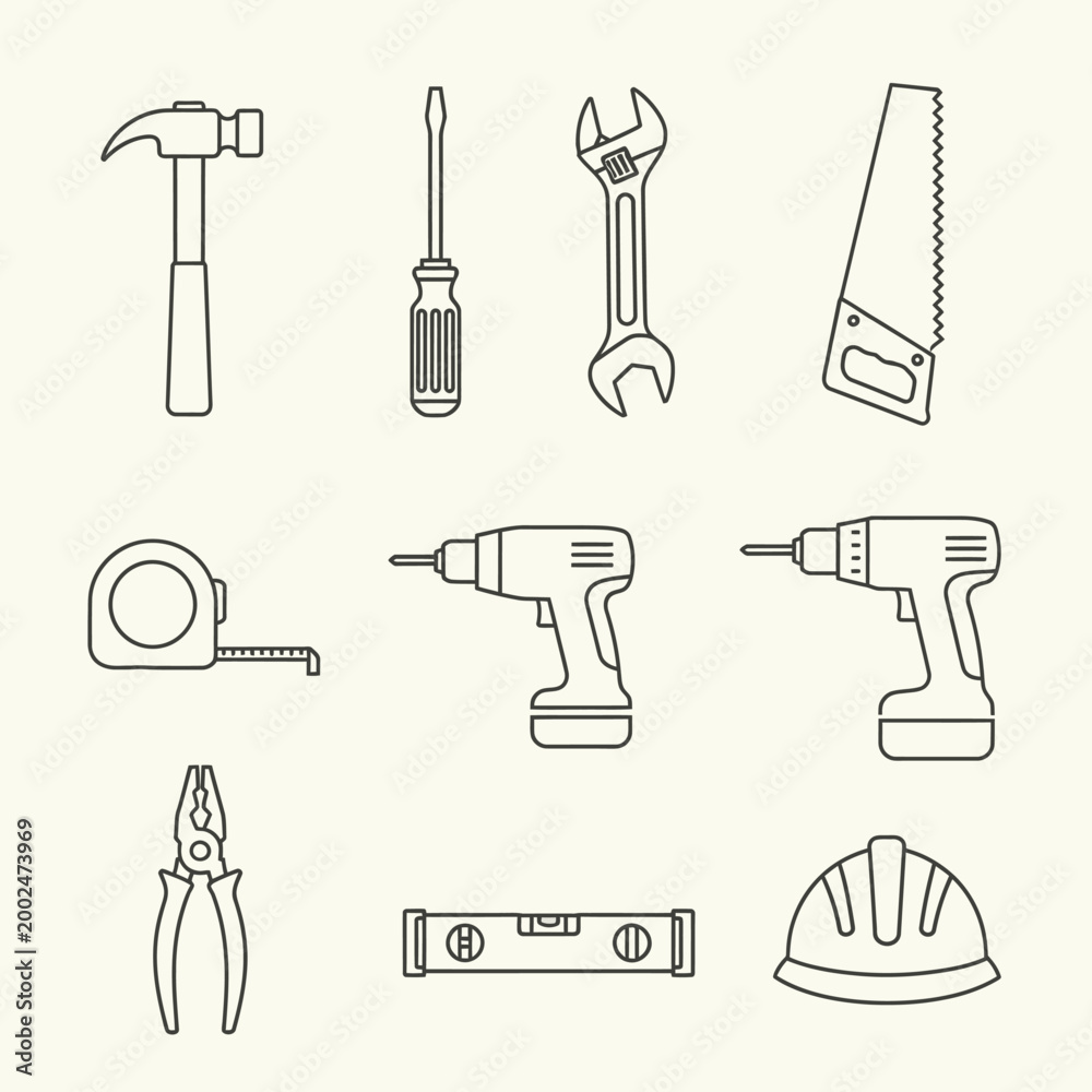 Fototapeta premium Minimalist construction and carpentry hand tools line icons set