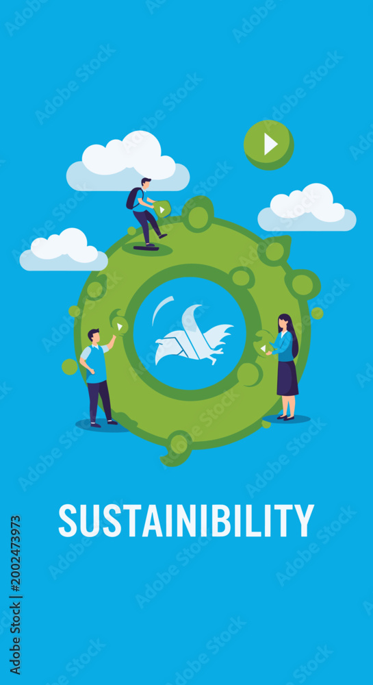Naklejka premium An illustration depicting people interacting with a green planet icon, symbolizing global sustainability efforts and environmental responsibility, with a prominent 'SUSTAINABILITY' text.
