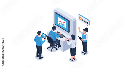 Team analyzing financial data on a large interactive display screen.