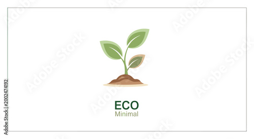 Tableau sur toile Minimalist illustration of a small green plant with three leaves growing from brown soil, accompanied by 'ECO Minimal' text on a white background