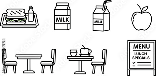 Set of black and white school lunch icons featuring food and dining furniture.
