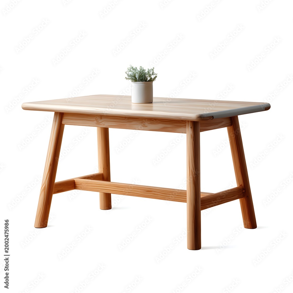 Fototapeta premium Light wood square coffee table with a small potted plant on top living room home decor interior design white background still life furniture contemporary minimalist clean lines greenery
