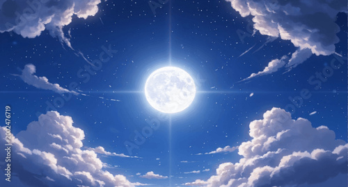 Full Moon Glowing in Starry Night Sky with Ethereal Clouds Anime Style