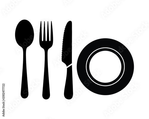 Cutlery and Plate Icon Set with Spoon Fork Knife Dining Symbols Silhouette on White Background