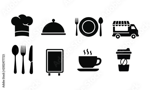 Restaurant and Food Service Icon Set with Chef Delivery Menu and Dining Symbols on White Background