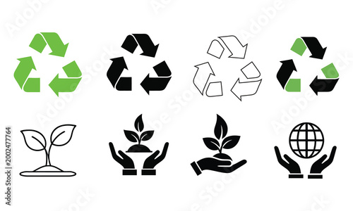 Recycling and Eco Icon Set with Green Energy Plant Care and Sustainability Symbols