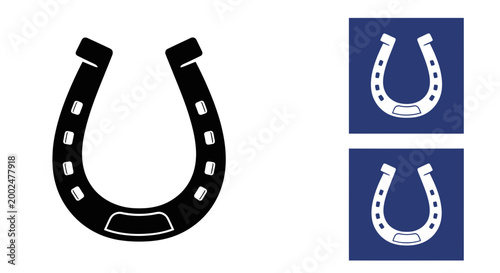 Horseshoe Icon Set: Black Silhouette and Blue Square Variations