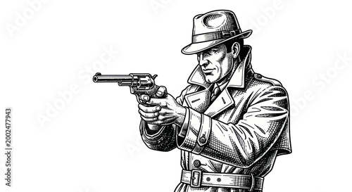 Noir Detective Aiming Revolver, Trench Coat and Fedora Hat, Retro Style