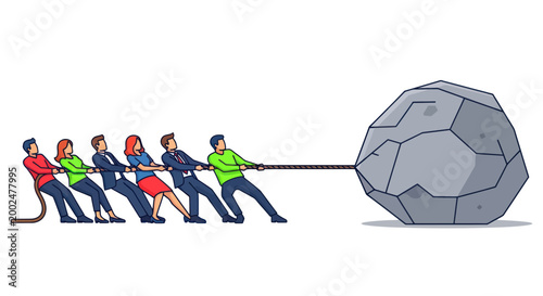Team pulling heavy rock, teamwork effort, business challenge, struggle, strength