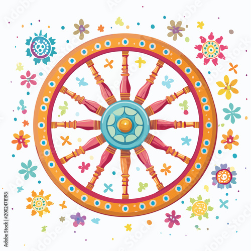 Colorful Dharma Wheel with Floral Decorations