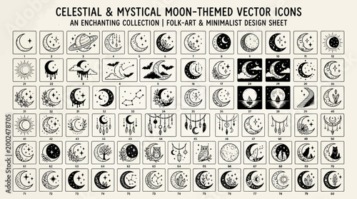 Set of Celestial and Mystical Moon Themed Vector Icons.