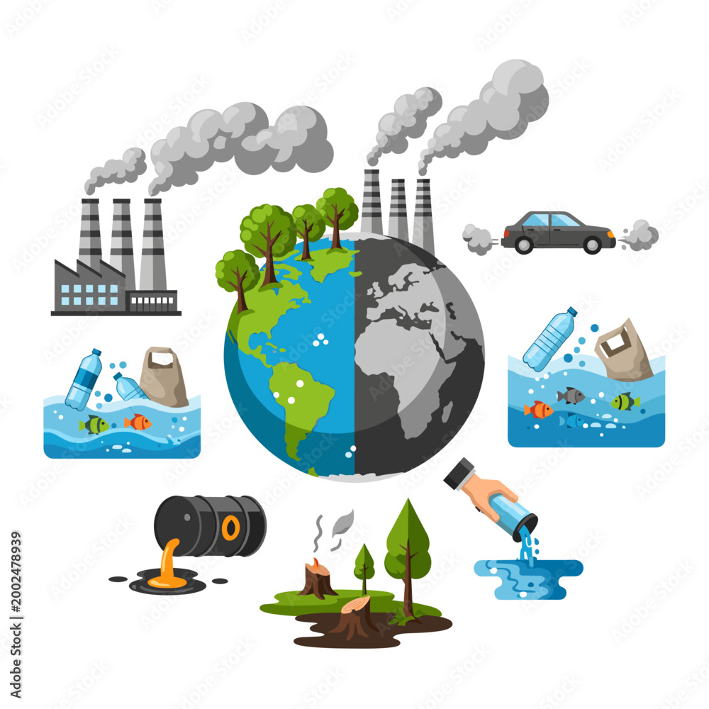 Naklejka premium Vector illustration showing global environmental pollution with factories, car exhaust, plastic waste, oil spills, deforestation, and water contamination affecting Earth.