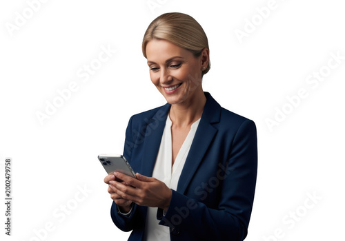Professional businesswoman using a smartphone isolated on transparent background