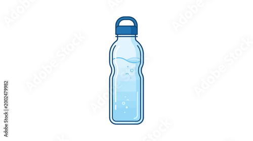 A minimalist, flat-design, blue-colored, refillable, plastic, water bottle with a screw-top lid, depicted in a simple, iconic style on a white background, symbolizing hydration, fitness, and