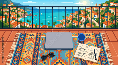 Flat illustration of a laptop, notebook, and sunglasses on a patterned rug on a balcony overlooking a Mediterranean coastal town.