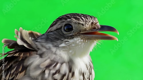 Young bird close-up with open beak and textured feathers on green screen background