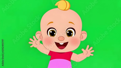 Cheerful Cartoon Baby Waving Hands on Green Screen Background for Animation and Compositing