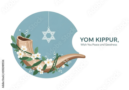 Yom kippur greeting card with shofar horn, white flowers and star of david on blue background isolated on transparent background