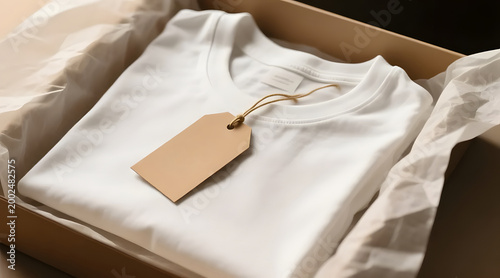 White t-shirt mockup in cardboard box with blank brown paper tag
