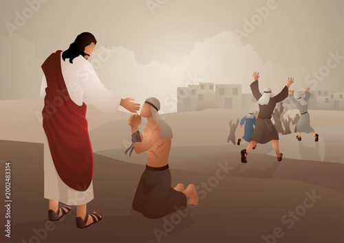 Biblical vector illustration series, Jesus heals ten lepers, only one returns to thank Jesus