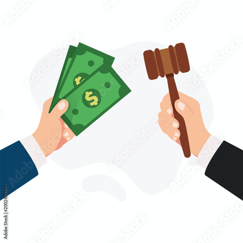 Vector illustration depicting a hand offering money while another hand holds a judge’s gavel, symbolizing bribery, corruption, and unethical influence within the legal system