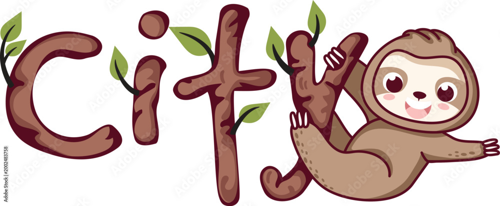 Fototapeta premium Cute Sloth Character with City Text - Jungle Branch Typography and Friendly Animal Mascot
