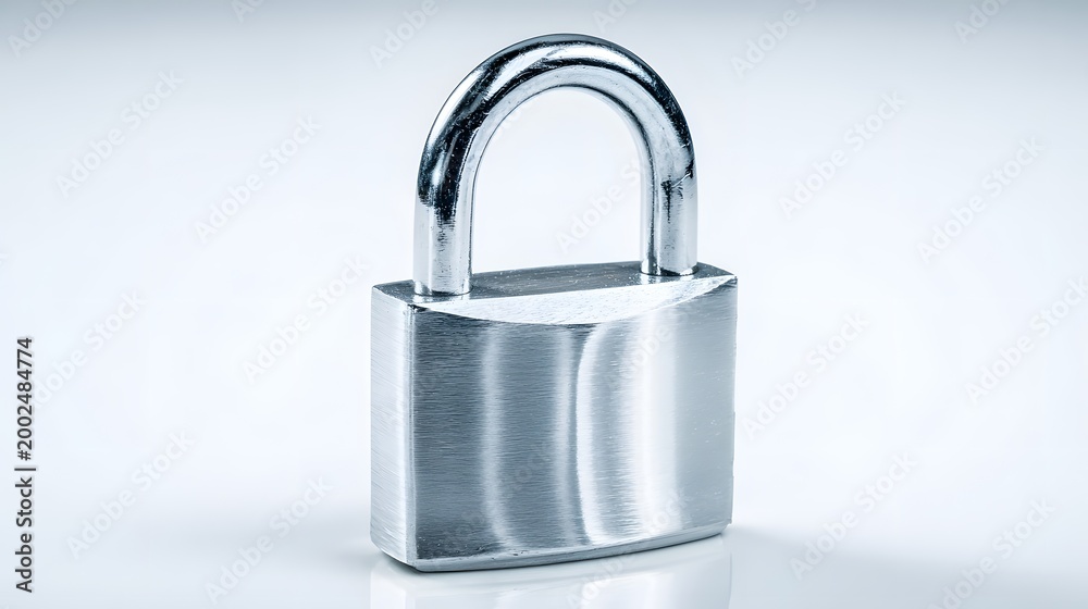 Fototapeta premium Shiny Silver Padlock - A Symbol of Security and Protection on White Background.